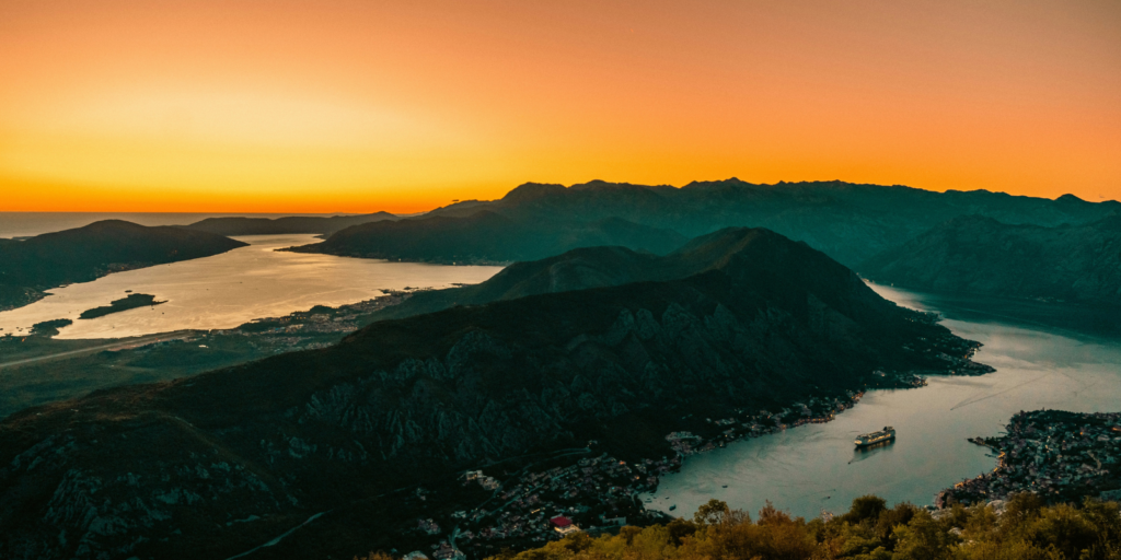 Boka Bay, Montenegro sunset view at cities Kotor and Tivat
