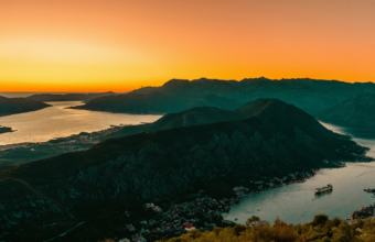 Boka Bay, Montenegro sunset view at cities Kotor and Tivat
